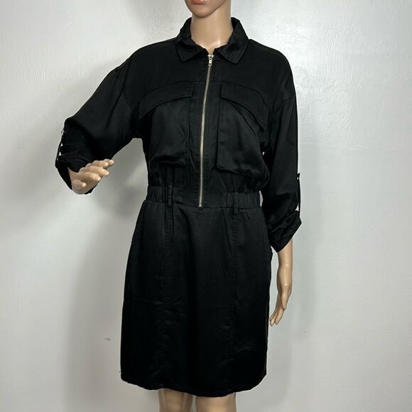 Bohme Black Roll Tab Sleeve Elastic Waist Utility Dress Size S - Picture 1 of 10